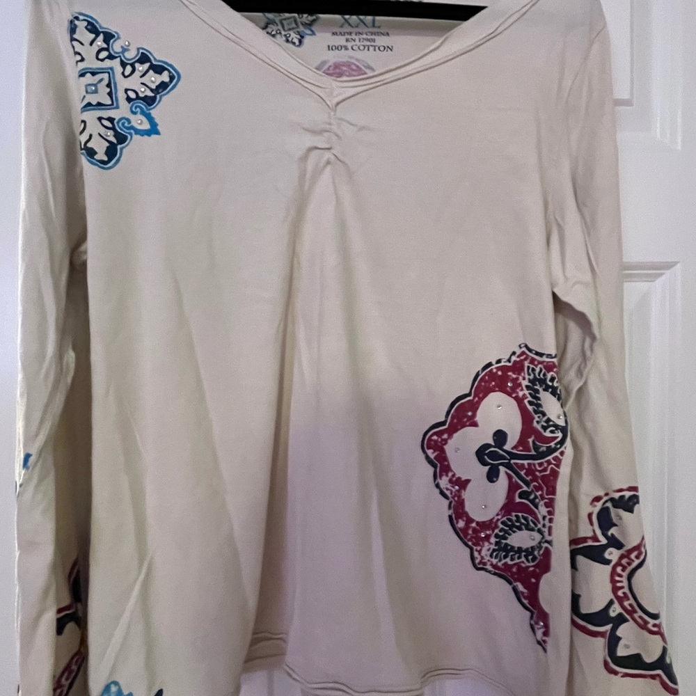 Cruel Girl Cream Long Sleeve Blouse with Floral Patterns and sequin embell